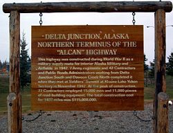 Signpost at Delta Junction, Alaska marks the end of the ALCAN Highway (September 2004).