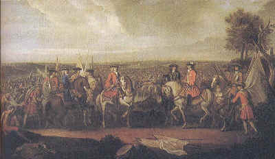 Marshal Tallard, the French commander, surrendering to the Duke of Marlborough at Blenheim. Painting by Laguerre.